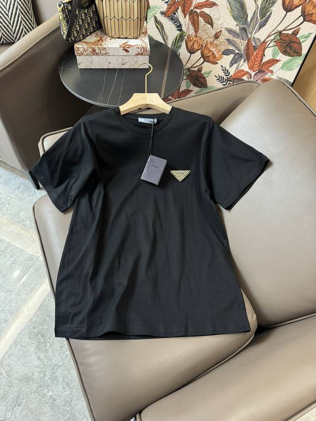 Qg24070#新款t恤 Prada 三角形钻标 短袖基础款简洁t恤 黑色 白色 Sml